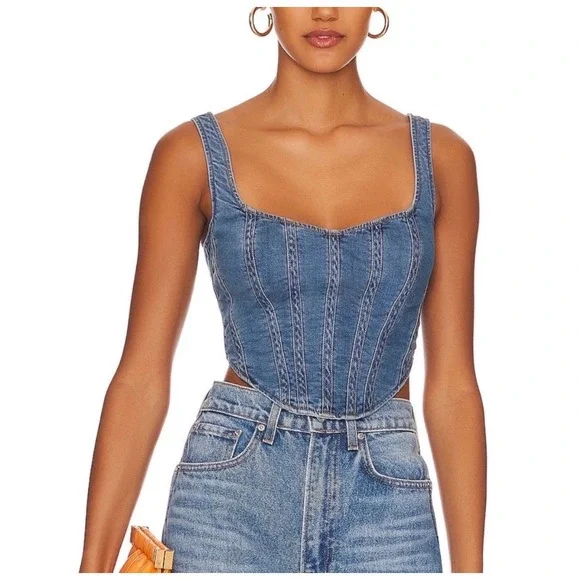 Bardot Blue Denim Corset Tank Top - Picture 1 of 6